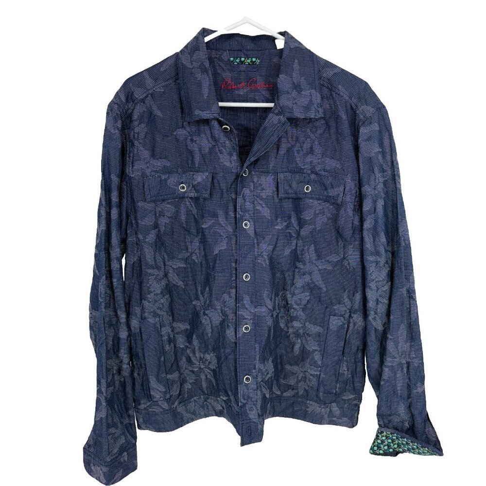 Robert Graham Men L Floral Shirt Jacket Blue Chambray Denim Button Up Contrast